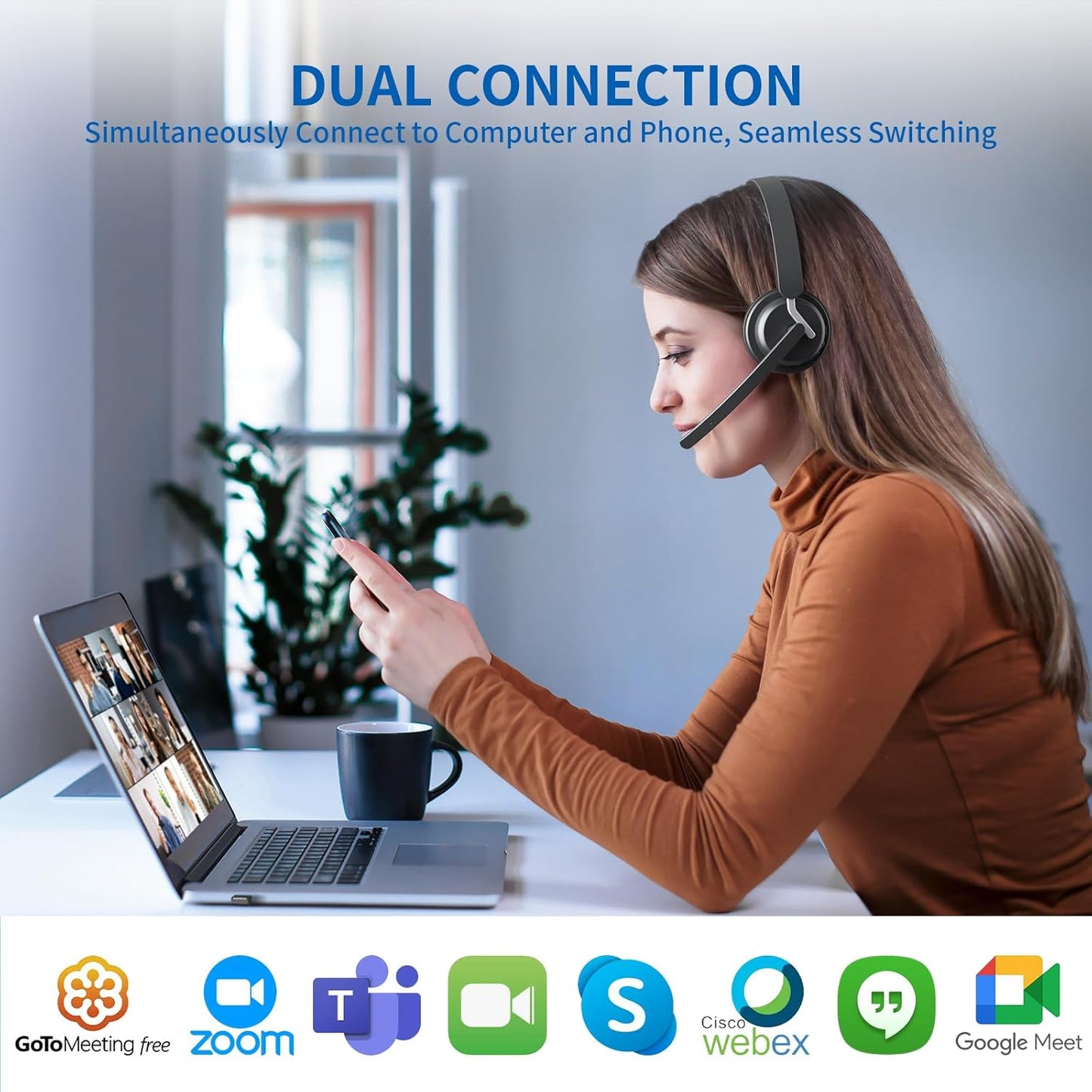 Wireless Headset with Mic for Work, Bluetooth 5.3 Headset with AI Noise Cancelling Microphone & Call Reminder, Wireless Headphone with Voice Assistant for PC/Computer/Remote Work/Call Center/Zoom