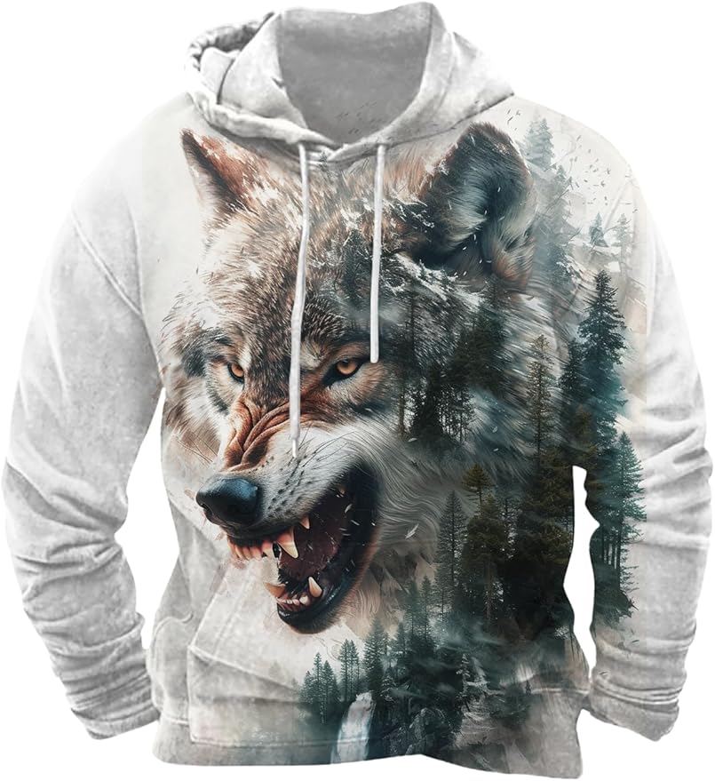 Mens Animal Print Graphic Hoodies Casual Long Sleeve Japanese Art Style Hooded Sweatshirt Lightweight Pullover Tops