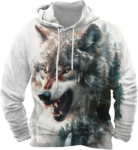 Mens Animal Print Graphic Hoodies Casual Long Sleeve Japanese Art Style Hooded Sweatshirt Lightweight Pullover Tops
