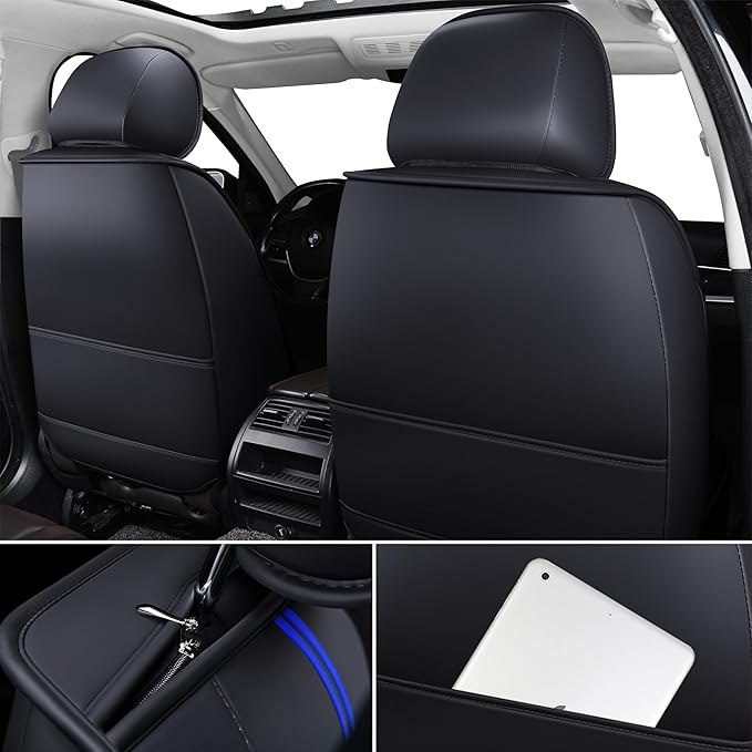 OASIS AUTO Car Seat Covers Full Set Premium Waterproof Faux Leather Cushion Universal Accessories Fit SUV Truck Sedan Automotive Vehicle Auto Interior Protector (OS010-Black&Blue)