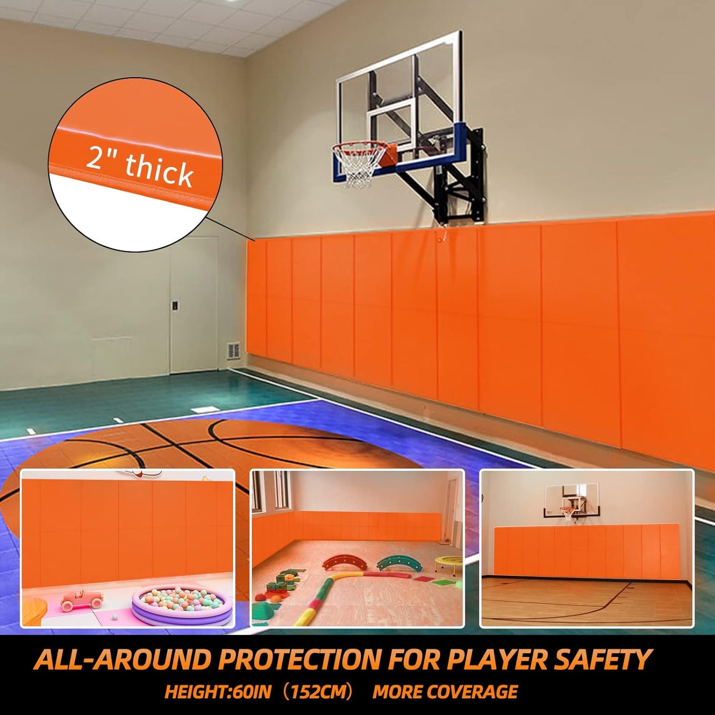 PROGOAL 2"/4" Thick Foam Protection Wall Pad，Gym Basketball-Court Protectors，Durable Waterproof Padding for Wall-Mounted Basketball Hoops(60" L x 20" W)…