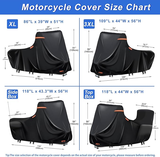 Heavy Duty Motorcycle Cover XL Waterproof Outdoor,600D Power Sports Vehicle Covers,Nano Silver Inner,5 Reflective Strips,3 Windproof Buckles,Air Vents,Rain UV Dust Proof(1XL 86"x39"x51" Black-Orange)
