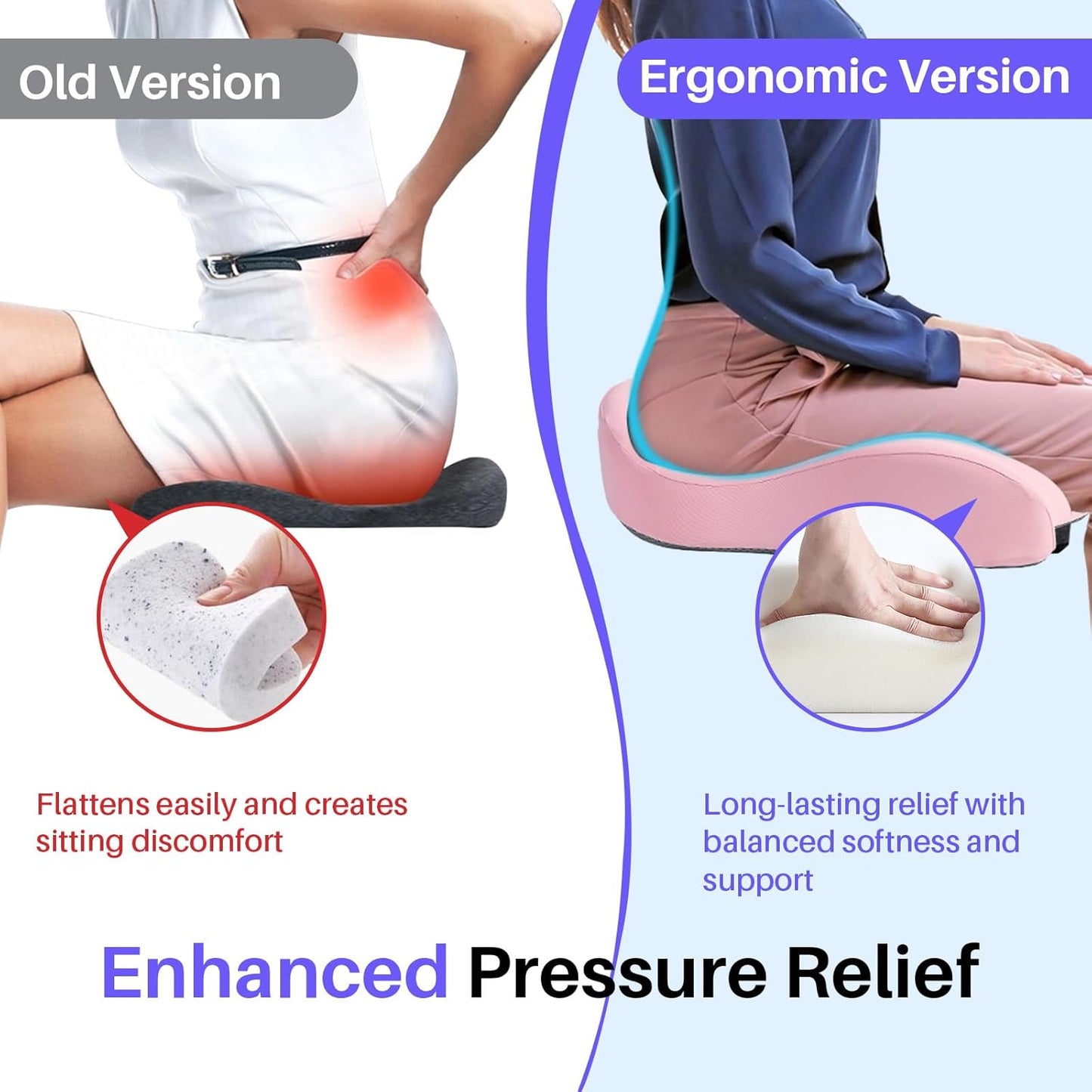 Seat Cushion for Office Chair, Large Thick Seat Cushion for Tailbone Pain Relief, Sciatica & Back Support, Memory Foam Office Chair Cushion for Long Sitting, Coccyx Cushion for Car, Wheelchair (Pink)