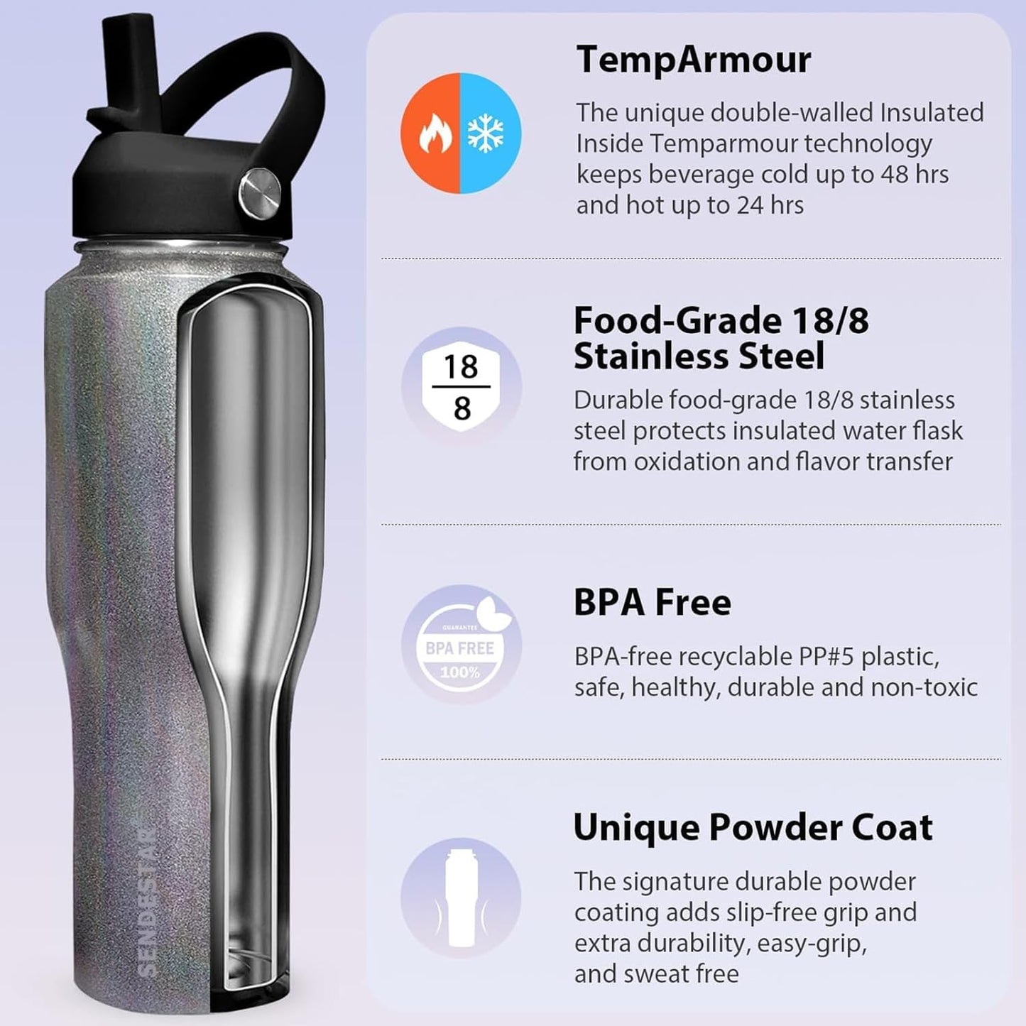 SENDESTAR 32oz Stainless Steel Water Bottle(Cold for 48 Hrs, Hot for 24 Hrs),Double Wall Vacuum Insulated Bottle with Straw Lid, Spout Lid and Flex Cap, Fit in Any Car Cup Holder TXIN-32-Laser Grey