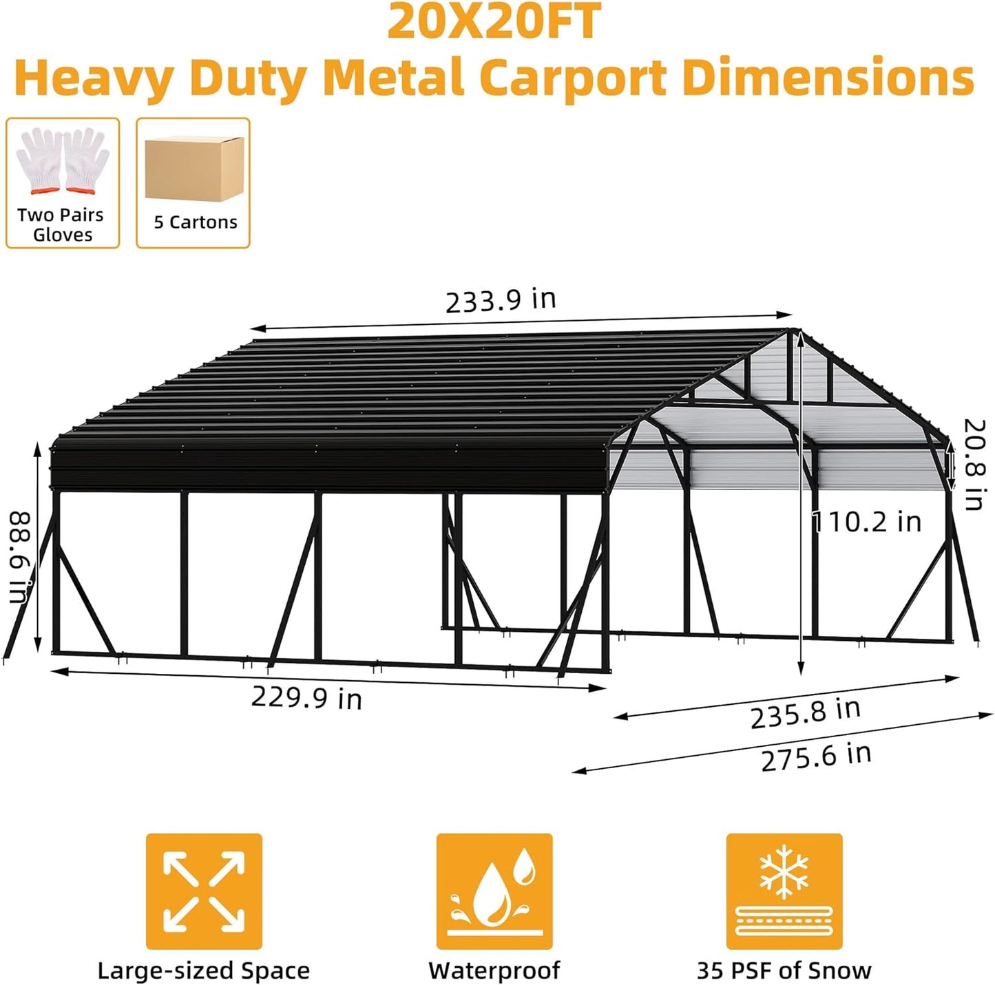 20 x 20 FT Metal Carport with Galvanized Steel Roof, Heavy Duty Metal Roof Carport with Enhanced Base, Tall MetalCarport Kits Garage for Tractors, Trucks, Boats, Cars