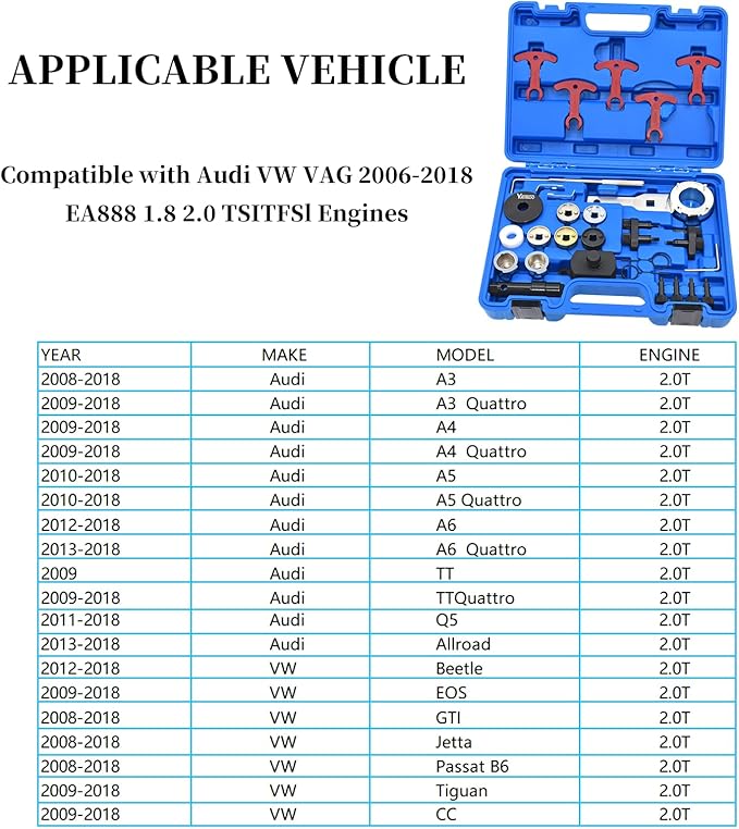 EA888 1.8 2.0 TSI TFSI Engine Camshaft Crankshaft Timing Tool Kit, Compatible with Audi 2.0T, VW VAG 2006-2018, T10354 T10355 T40271 T10352 T10368 T40196 T40191 T40267 T40266 T40011, 29 Pcs