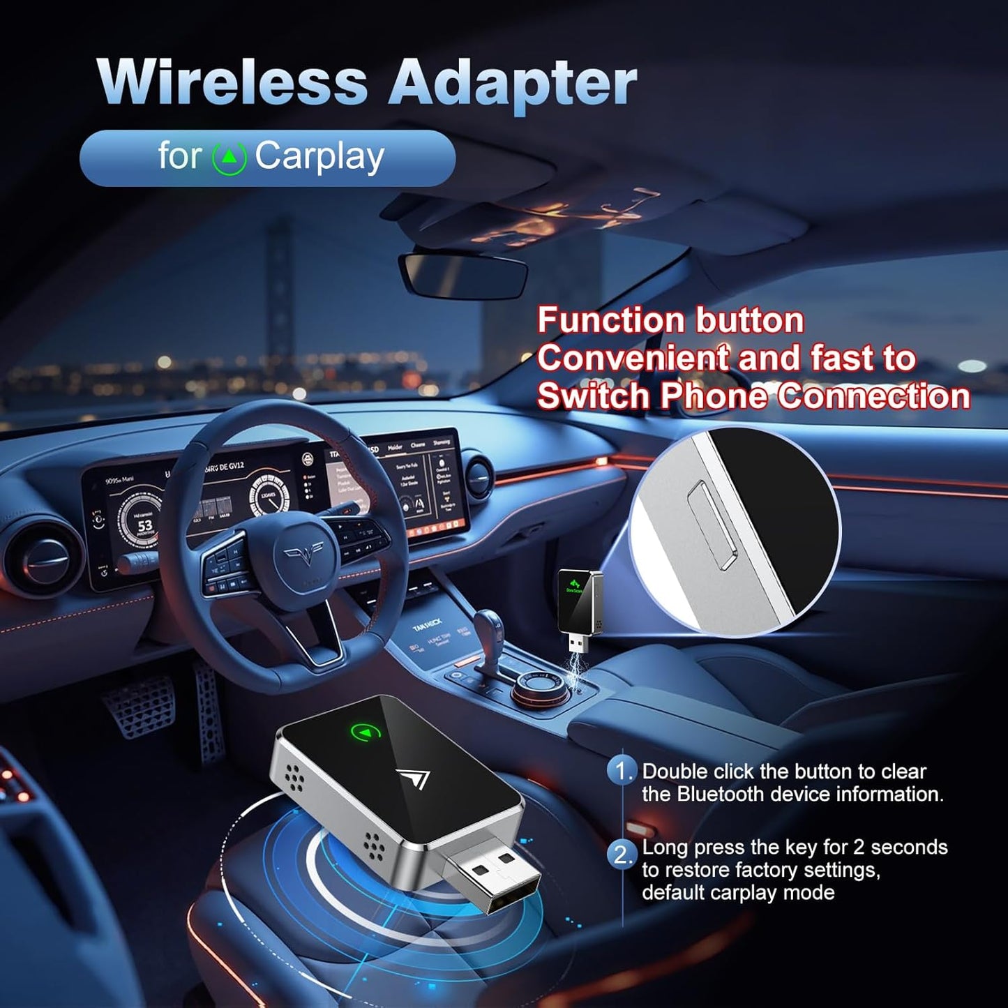 Wireless CarPlay Adapter for iPhone, Convert Wired to Wireless Apple car play Adapter, Mini Size with Extension Cable USB & USB-C/Type-C, Stable Control & No Delay，For cars in 2016 or later