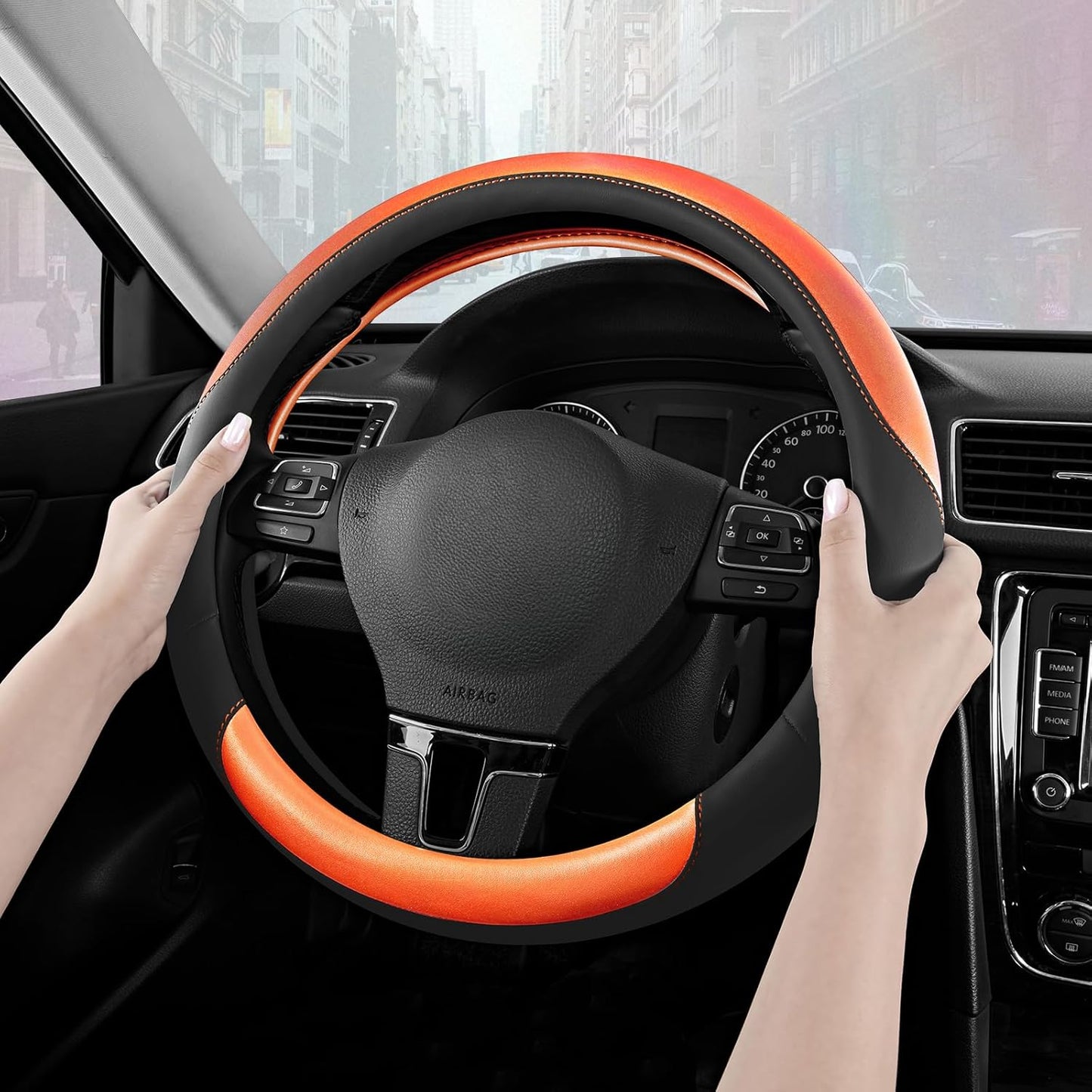 Road Comforts Steering Wheel Cover – Breathable Leather Steering Wheel Cover, Anti-Slip Grip, Universal Fit 14.5” to 15”, Heat & Cold Resistant for Cars, SUVs, and Trucks – Black & Orange