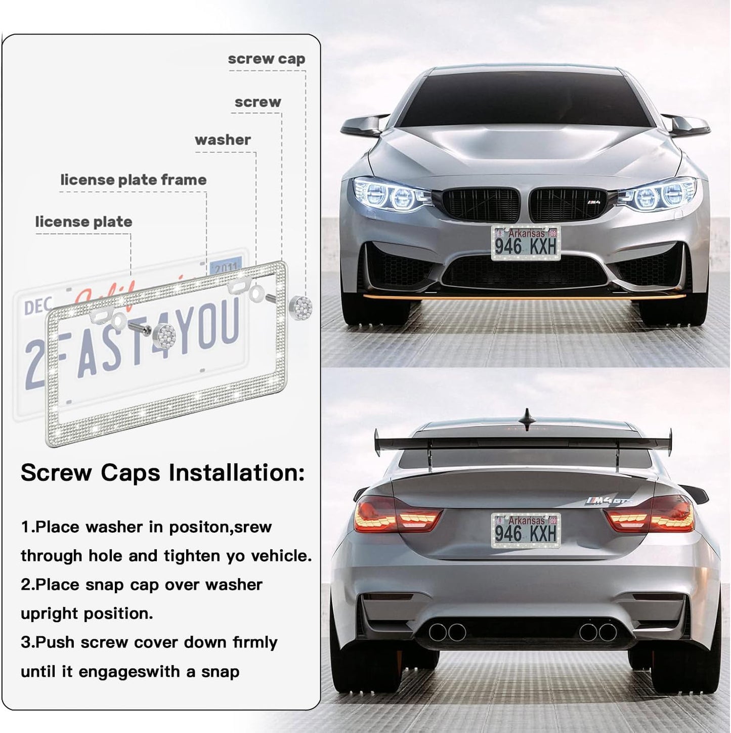 2 Pack License Plate Frames for Women, Sparkly Rhinestone Diamond Car Accessories with Glitter Crystal Caps (White (2PCS))