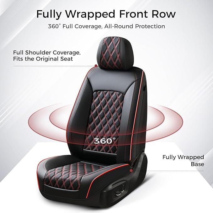 Huidasource Front Seat Covers, Full-Cover Leather Driver Seat Cover, Side Stretch Fabric, Car Interior Front Seat Cover Universal Fit for Most Cars, Most Cars,Vans,Trucks, SUVs (Front Pair/Black&Red)