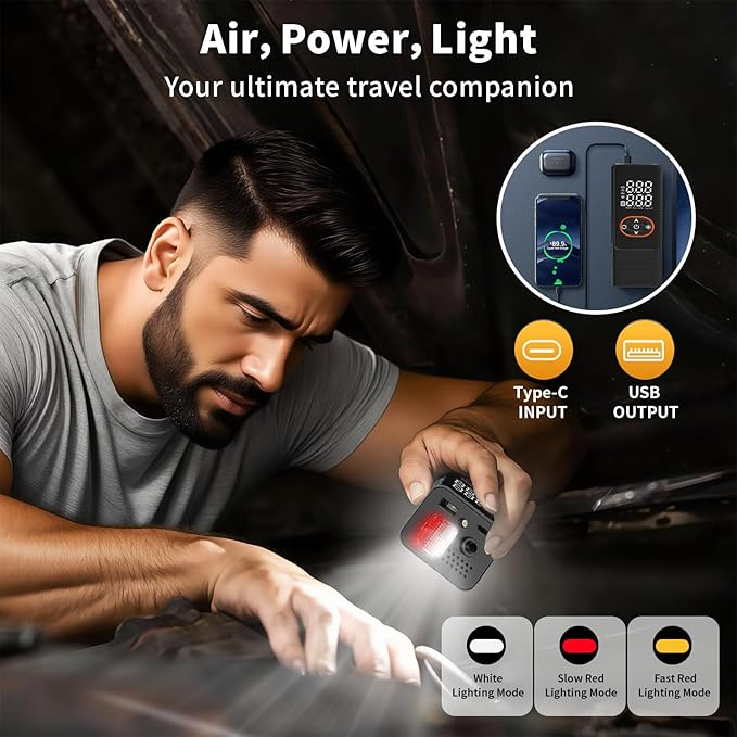Tire Inflator Portable Air Compressor - 150PSI Air Pump For Car Tires with Digital Pressure Gauge, LED Light and Auto Shut-Off Function - Cordless Pump for Car, Motorcycle, Bicycle, Balls and More