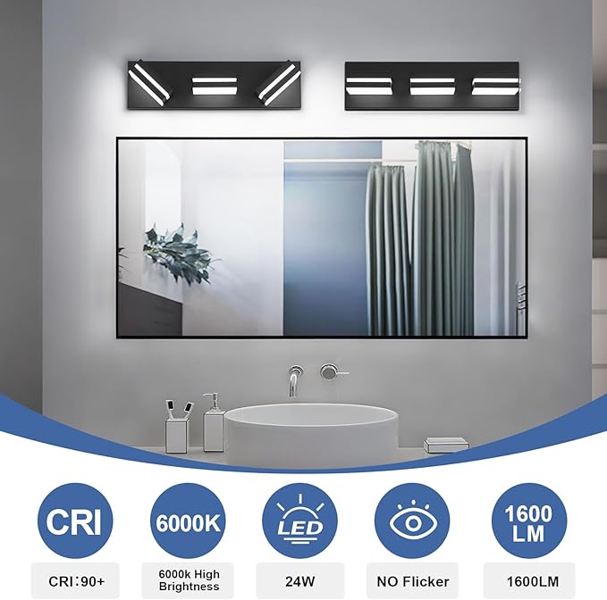 Modern LED Small Bathroom Lights Fixtures(3-Light),Metal Black Acrylic Wall Lighting,Vanity Lights for Bathroom Over Mirror(6000K 16in)