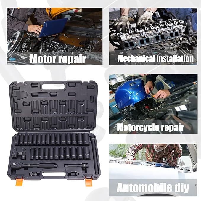 33PCS 1/2" Drive Impact Socket Set 8-22mm, Metric Cr-V Deep & Shallow 6-Point, 5" 10" Extension Bars Universal Joint, Automotive Mechanics Tool Kit, Storage Case