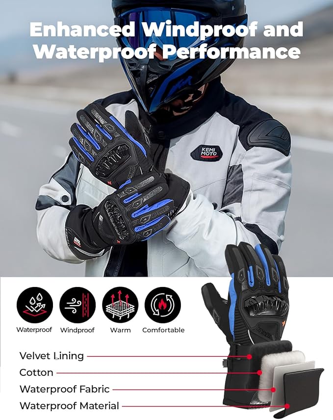 KEMIMOTO Winter Motorcycle Gloves, Rainproof Riding Warm Gloves with Touchscreen for Motorcycle Riding, ATV, UTV, Snowmobile Blue M