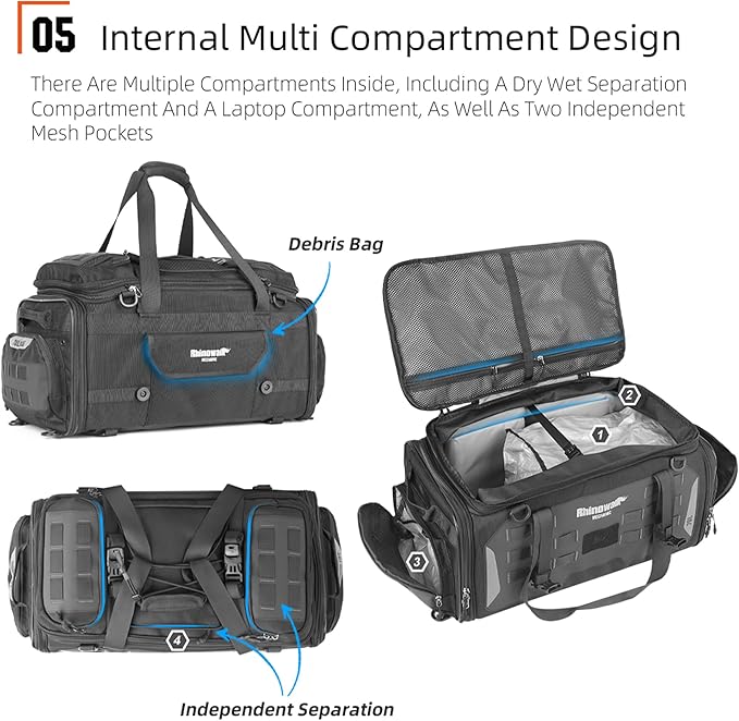 Rhinowalk Motorcycle Saddle Bag Tail Bag Expandable 50L to 70L Mechanic Series Motorbike Bag, Waterproof with MOLLE System, Multi-Compartment Travel Luggage for Powersports (70L, Black)