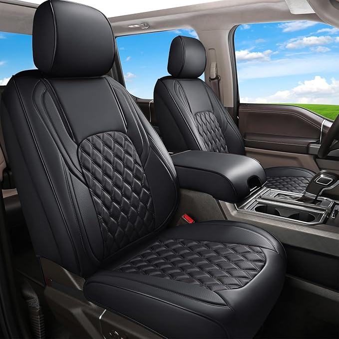 Huidasource Front Car Seat Covers, Waterproof Faux Leather F150 Truck Seat Cushion Cover Custom Fit for 2015-2025 Ford F150 SuperCrew & 2017-2025 F250 F350 F450 Super Duty Crew Cab(Front Pair/Black)