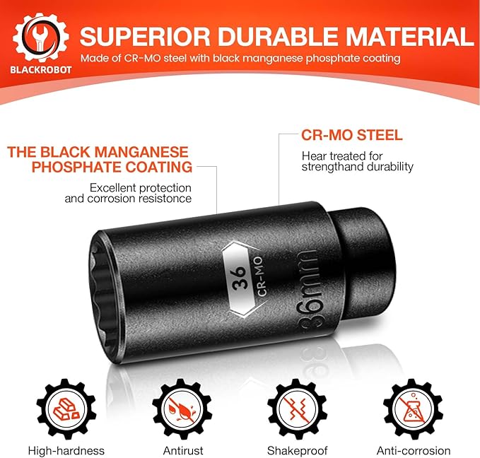 BLACKROBOT 36 mm 12-Point Deep Impact Socket, 1/2 Inch Drive, Metric, Black Manganese Phosphate Coating