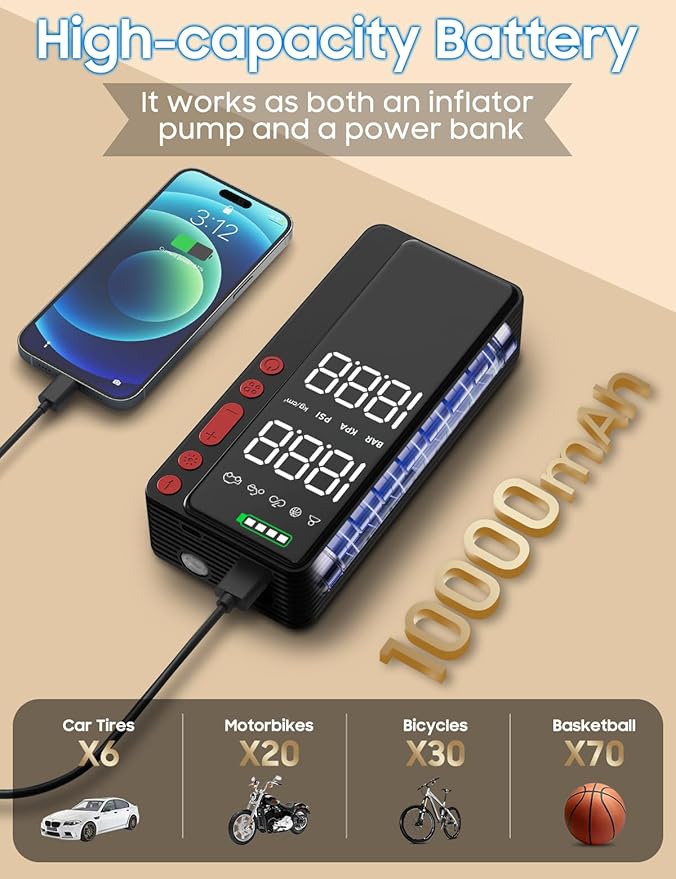 Tire Inflator Portable Air Compressor, 10000mAH&150PSI Smart APP Cordless Air Pump For Car Tires, Built-in Accessories Storage, Bike Pump with Digital Gauge&LED Light for Motorcycle, Ball