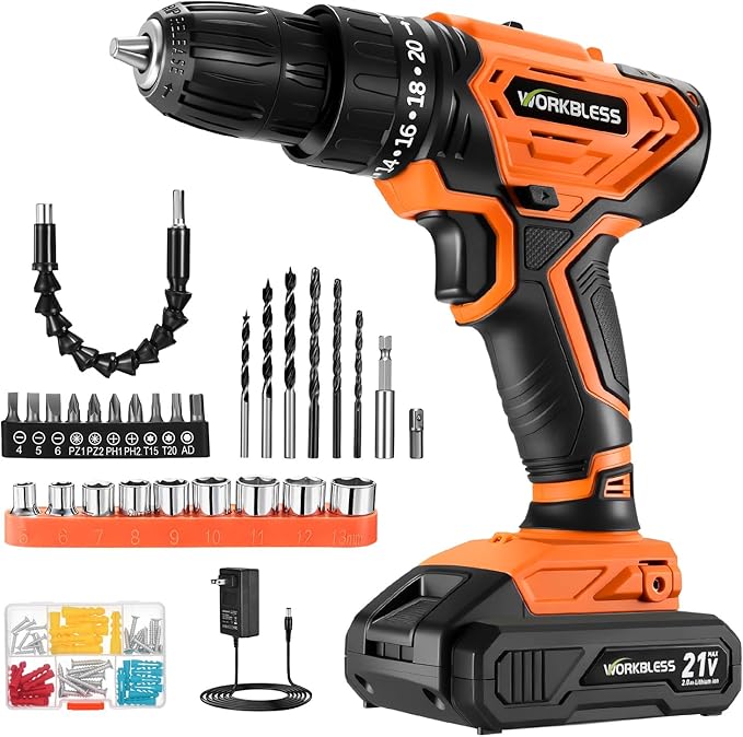 WORKBLESS Cordless Drill, Power Drill Set with 1 Battery and Charger, 40Nm, 20+1 Torque, 2 Speed, Keyless 3/8" Electric Screwdriver with LED Light, 28pcs Drill Bits Set(Orange)