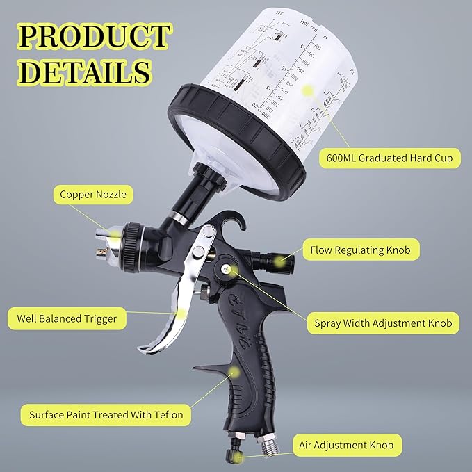 HVLP Spray Gun with 10Pcs 600ML Disposable Paint Cups, 4 Nozzles,1.4/1.7/2.0/2.5mm, Automotive Gravity Feed Paint Spray Gun Kit with Air Compressor Regulator for Auto (Black)