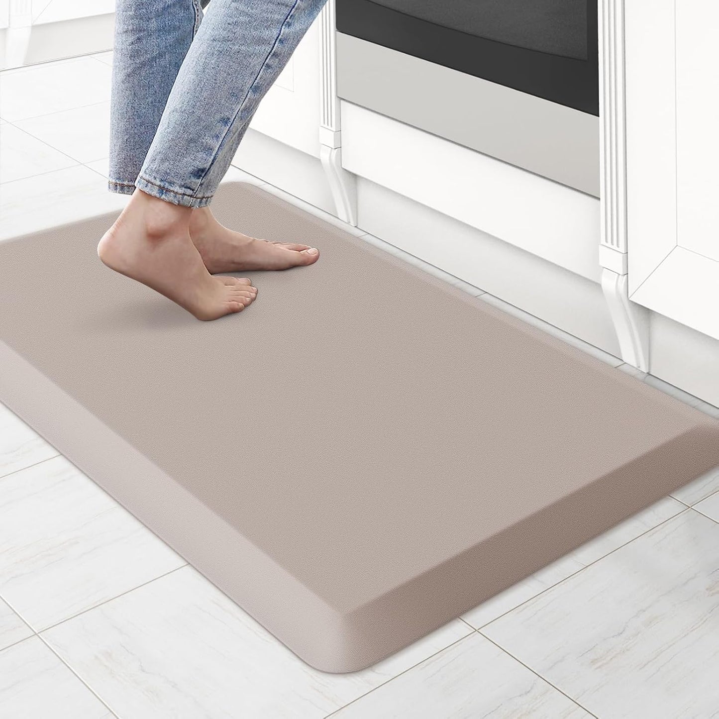 KitchenClouds Kitchen Mat Cushioned Anti Fatigue Kitchen Rug 0.8inch Waterproof Non Slip Kitchen Rugs and Mats Standing Desk Mat Comfort Floor Mats for Kitchen Sink Office (17.3"x28",Khaki)