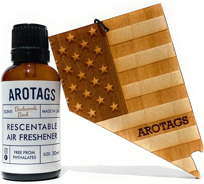 Arotags Car Air Freshener - Reusable Wood Diffuser - Hanging Odor Eliminator - Nevada Patriot - Backwoods Birch Scent