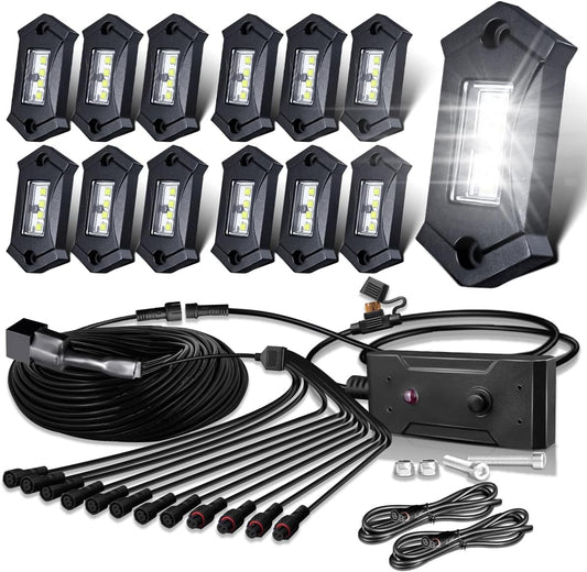 R3 White LED Rock Lights Kit 12PCS with Switch Wire Harness for ATV UTV SUV Off Road RZR Trucks Underglow Pure White Lights Trail Rig Lights Under Body High Power Waterproof Shockproof Light