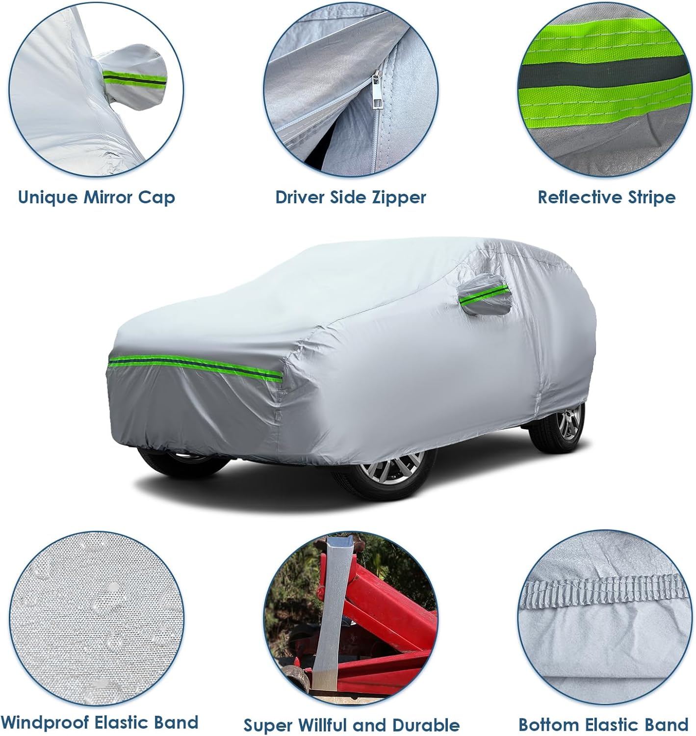 AUQDD 6-Layers Premium SUV Car Cover Waterproof All Weather Weatherproof UV Sun Protection Snow Dust Storm Resistant Outdoor Exterior Custom Form-Fit Full Padded Car Cover with Straps 165"-179" K6