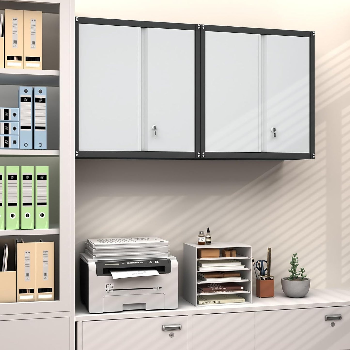 GREATMEET Metal Wall Cabinet, Wall Mounted Garage Cabinet, Locking Metal Storage Cabinet with Doors for Home Office, Garage, Utility Room