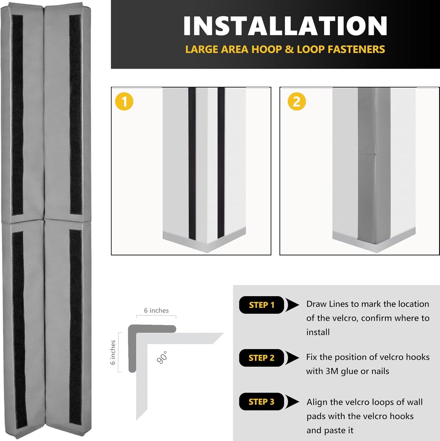 Wall Corner Guards & Edge Protector, Heavy Duty Wall Corner Protective Safety Padding, All-Weather 2 Sides Corner Pad for Gyms, Basketball Court, Playrooms, Garages,etc. (Gray, 6FT Tall 6in Sides)