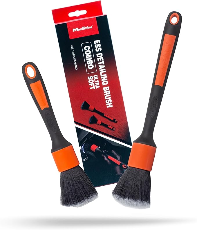 Maxshine ESS Detailing Brush Combo, Red, 2-Piece Set, Ultra Soft 612 Nylon Bristles, Non-Slip Handle, Chemical & Heat Resistant | Precision Cleaning for Auto Interior & Exterior