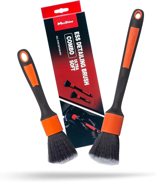 Maxshine ESS Detailing Brush Combo, Red, 2-Piece Set, Ultra Soft 612 Nylon Bristles, Non-Slip Handle, Chemical & Heat Resistant | Precision Cleaning for Auto Interior & Exterior