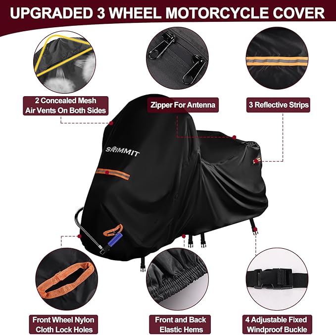 Trike Motorcycle Cover, Covers for 3 Wheel Harley Davidson Waterproof Outdoor Storage, Heavy Duty 420D Oxford Fabric Shelter for Honda, Tri Glide Cover with Zipper for Antenna, Rain Snow Protection