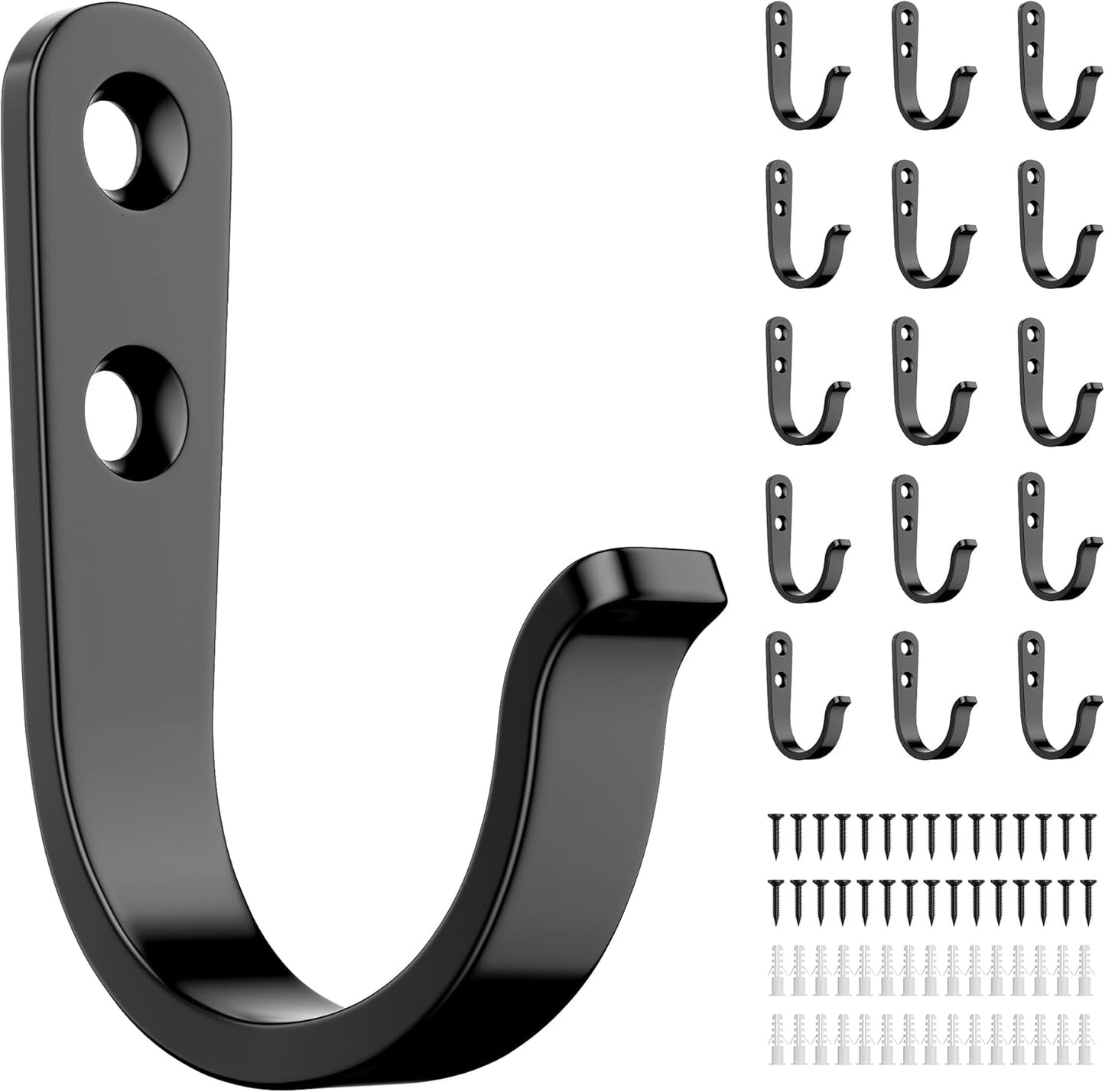 15Pcs Wall Hooks for Bathroom, Kitchen, Closet, and Garage - Black Metal Hooks for Hanging Coats, Towels, Hats, Keys, Bags, and Coffee Cups - Holds Up to 40 lbs