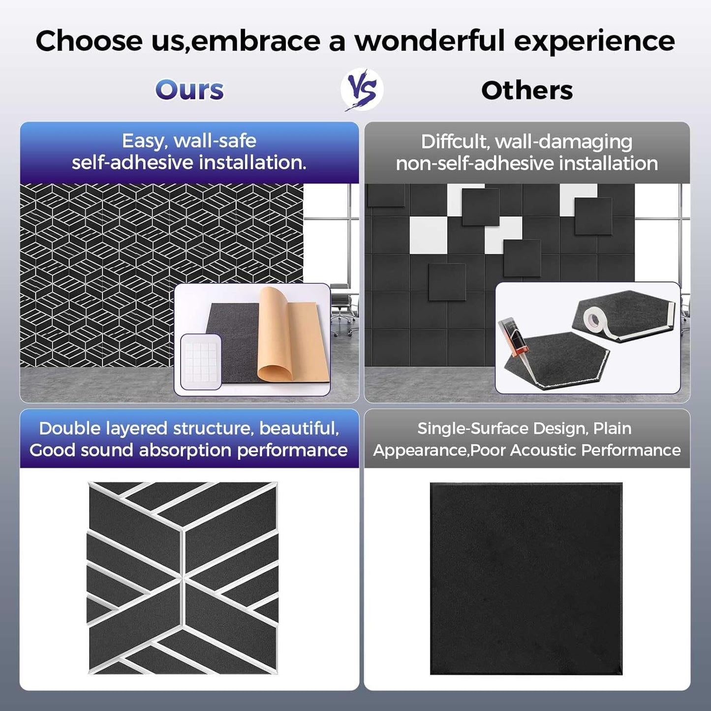 8 Pack 2-Layer Soundproof Wall Panels, 12 x 12 x 0.43 in Sound Proof Foam Panels for Walls, 1.1lb/ft³ High Density, Thicker 0.43 in, 3D Acoustic Panels,Artistic Noise Dampening Panels Black&White