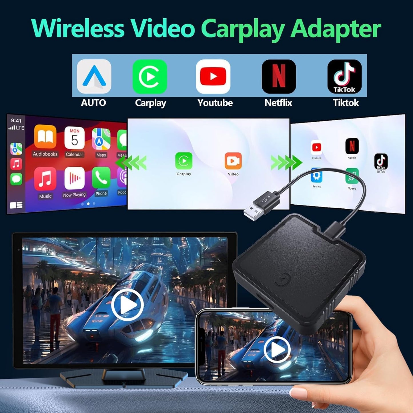 Wireless Carplay Adapter with Netflix YouTube TF Card Plug & Play, Wireless AI Box Car Play Adapter & Android Auto Dongle Easy to Setup, Fits for OEM Wired CarPlay Cars