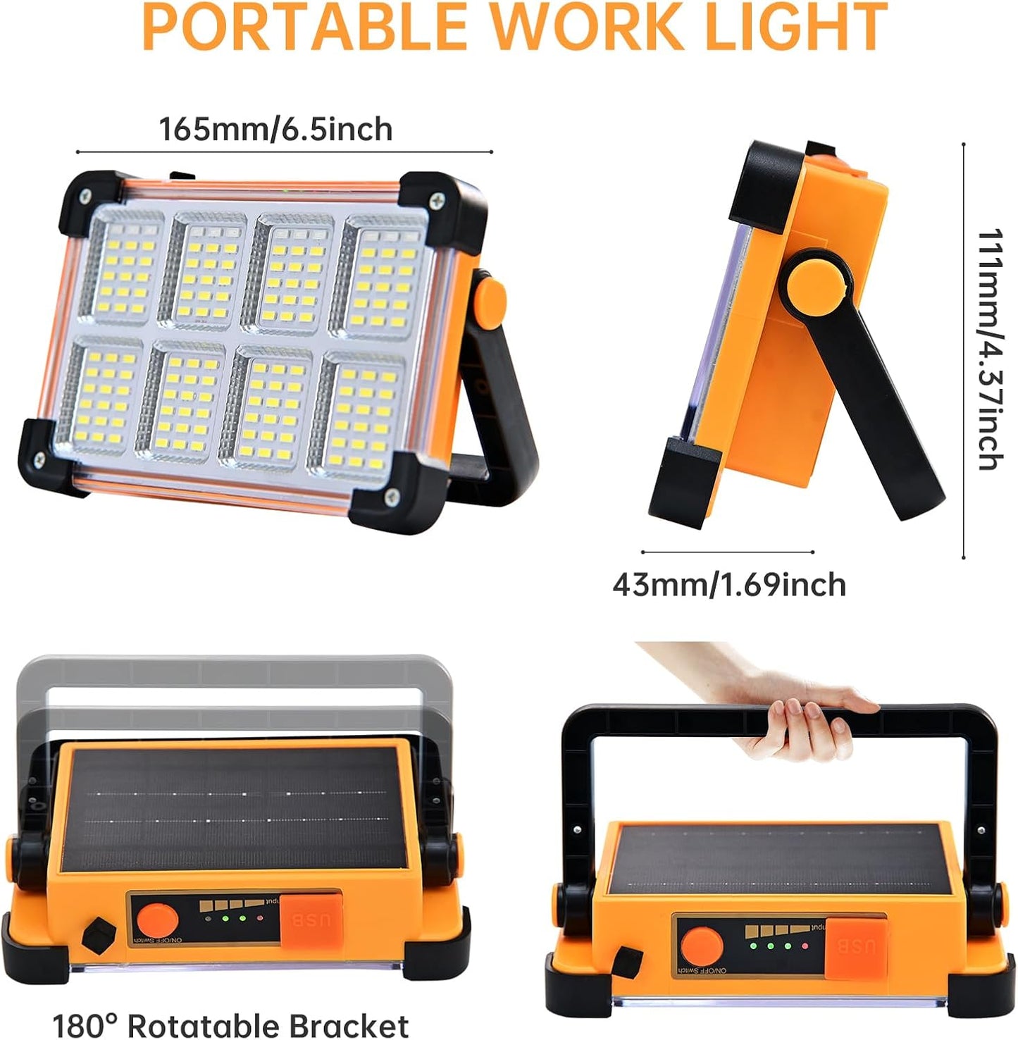 Rechargeable Solar Work Light Portable - IP66 Waterproof Job Site Flashlight with Stand, 10000LM 6600MAh Solar Flood Light for Mechanic, Camping, Car Repair, Fishing, Emergency