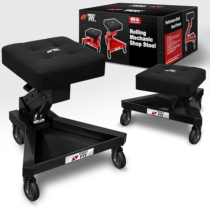 Mechanic Stool with Wheels, Hydraulic Adjustable Shop Stool on Wheels, Garage Work Rolling Chair for Workshop, 400 LBS Capacity, 4 Inch Casters, 360° Swivel Casters Roller Chair, Black