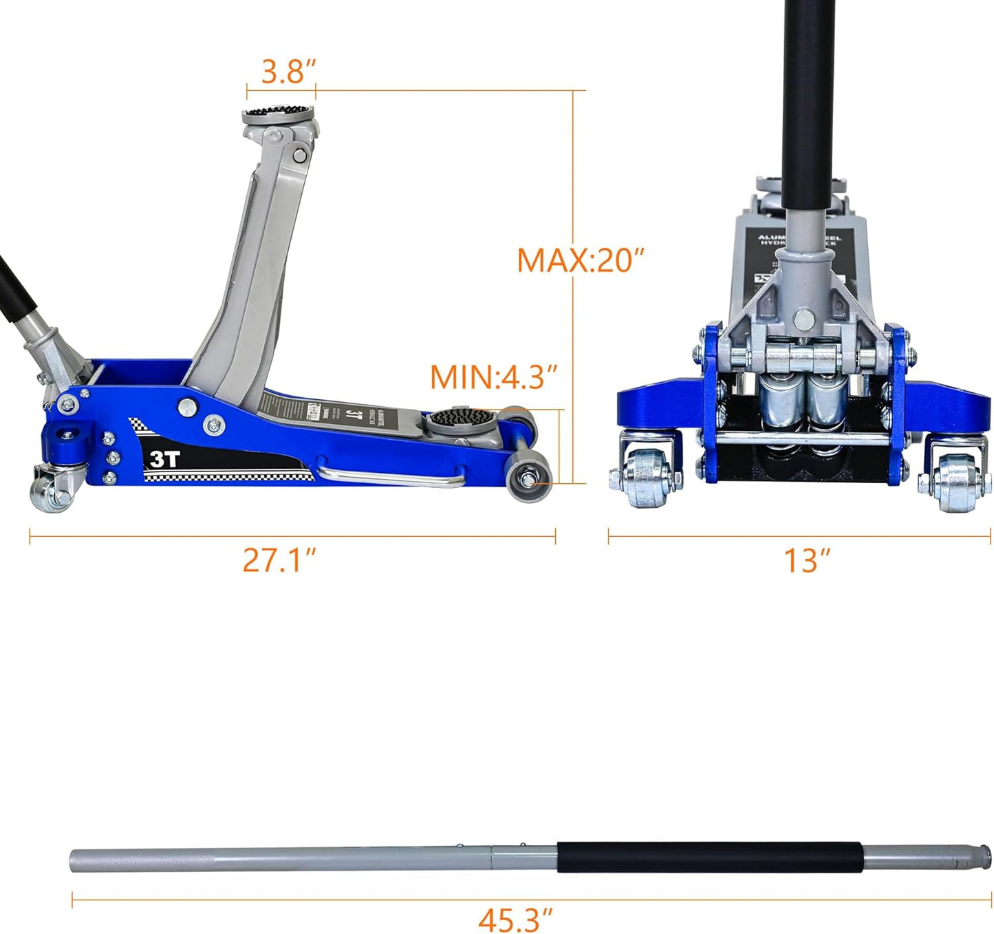 Aluminum Steel Hydraulic Floor Jack 3Ton/6600lbs.Dual Piston Fast Lifting Pump.Horizontal Floor Jack Lifting Range 4.3"-20".Racing Car Jack for MVPs,SUVs and Trucks.Trolley Jack with Extra Saddle