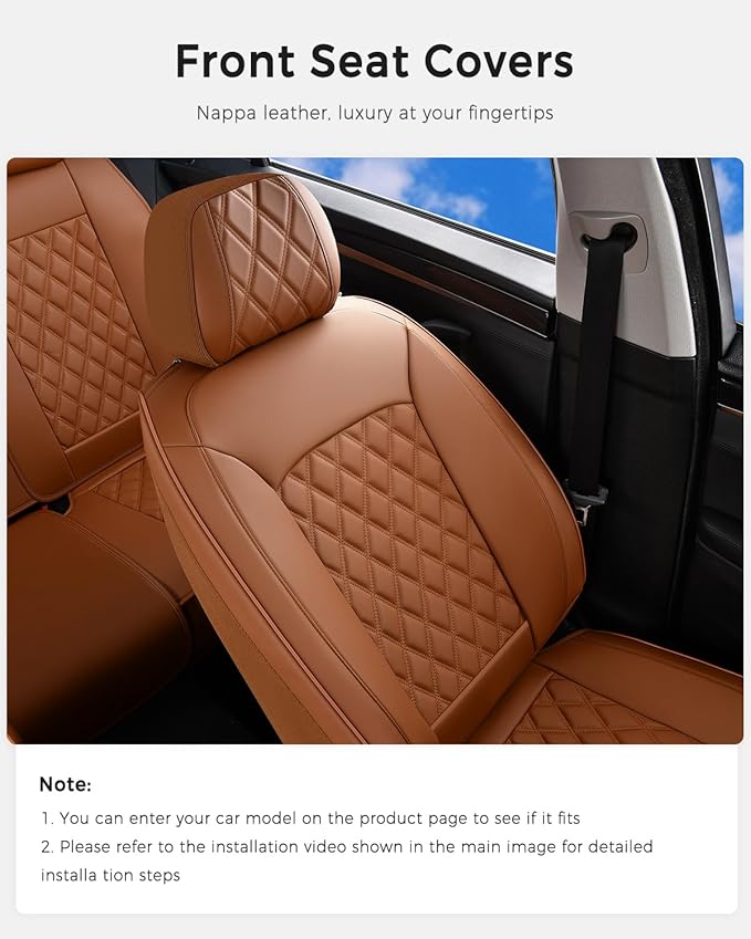 Huidasource Brown Front Seat Covers, Nappa Leather Front Car Seat Covers, Side Elastic Fabric, Compatible with Airbags, Seat Belts, Universal Fit for Most Cars, Vans, Trucks, SUV (Front Pair/Brown)