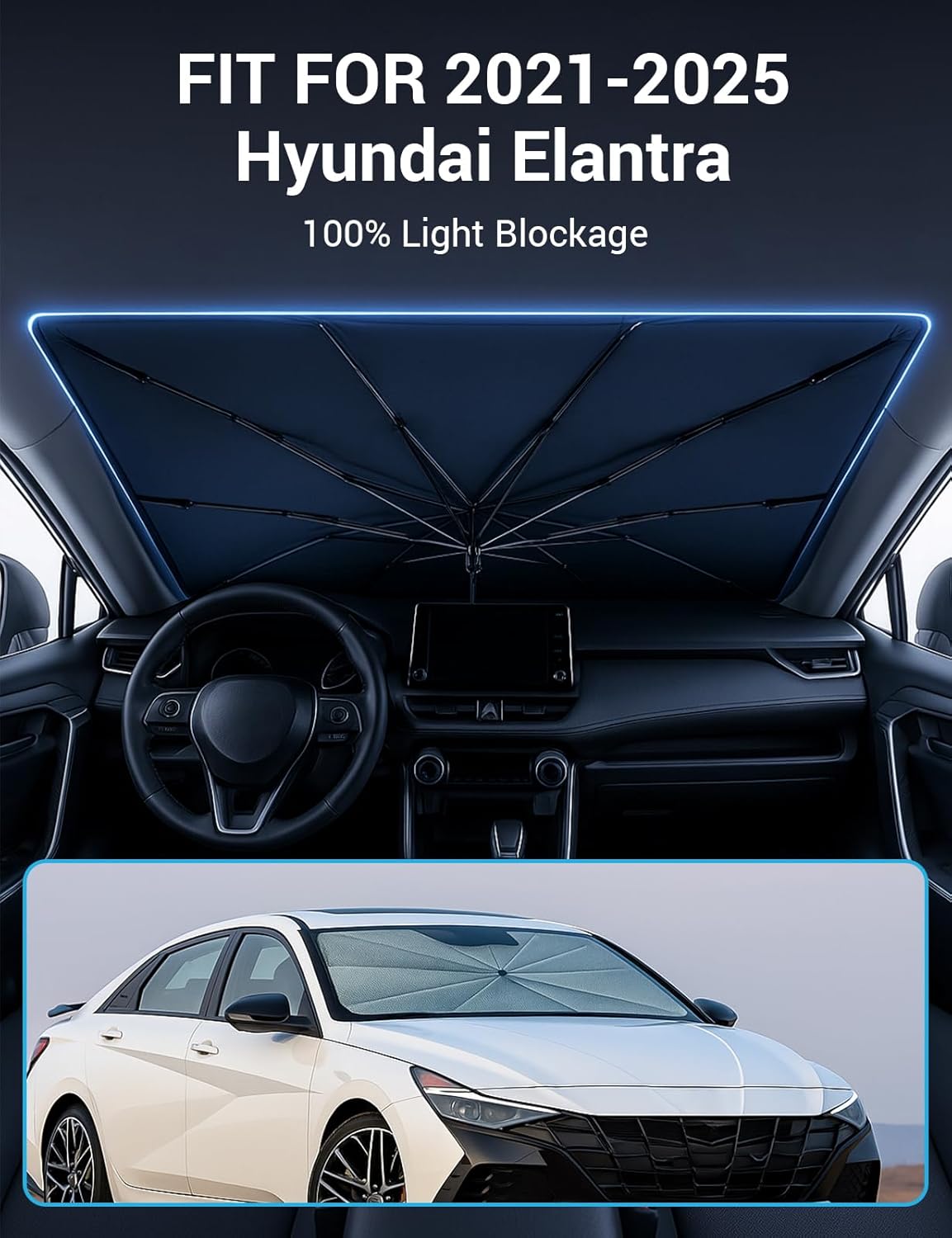 Proadsy Windshield Sun Shade Umbrella for Hyundai Elantra 2021-2025 2026 Foldable Car Umbrella Sunshade with Soft TPU Handle Spring Structure Crystal Cooling Material Protect Car from Rays & Heat