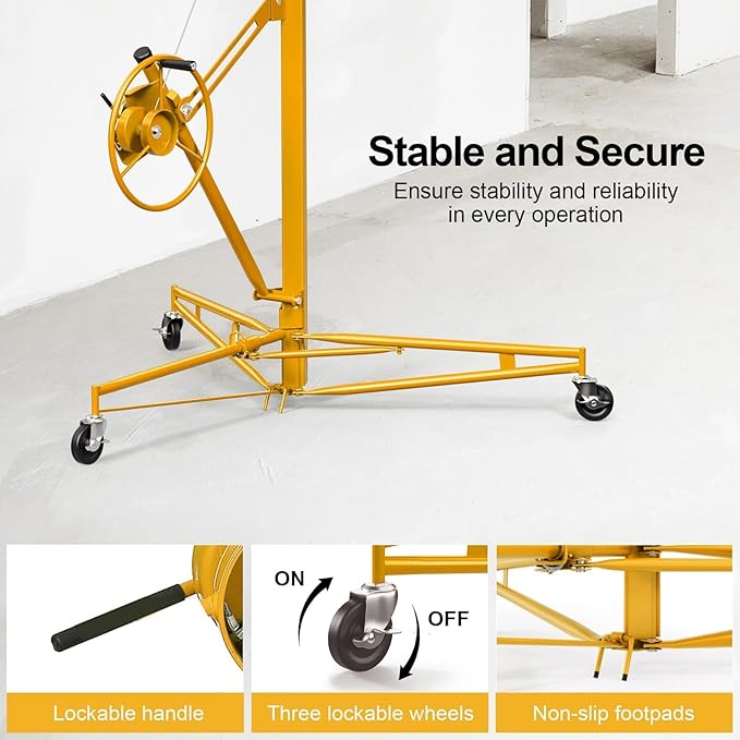 11FT Drywall Lift Sheetrock Lift, 150LBS Capacity, Drywall Lift Panel Hoist with Black Telescopic Arm, Drywall Jack Lift with 3 Lockable Wheels for Home Improvement, 4'x16' Panel Size, Yellow