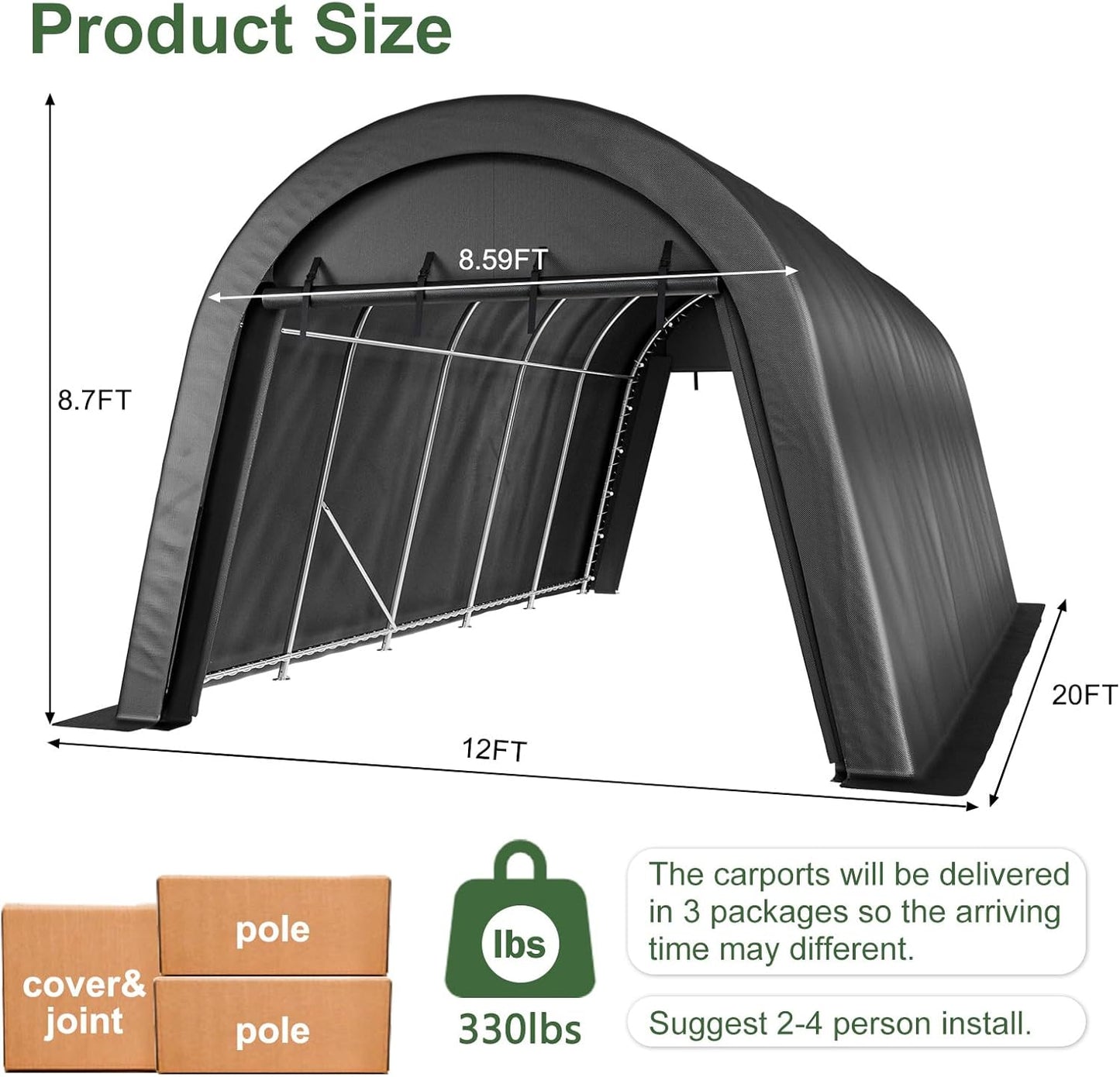 Portable Garage, Carport Canopy 12x20 FT Heavy Duty Car Port with Reinforced All-Steel Frame, Car Tent Garage with Zipper Doors for Outdoor Waterproof and UV Resistant Anti-Snow All Covered Carports