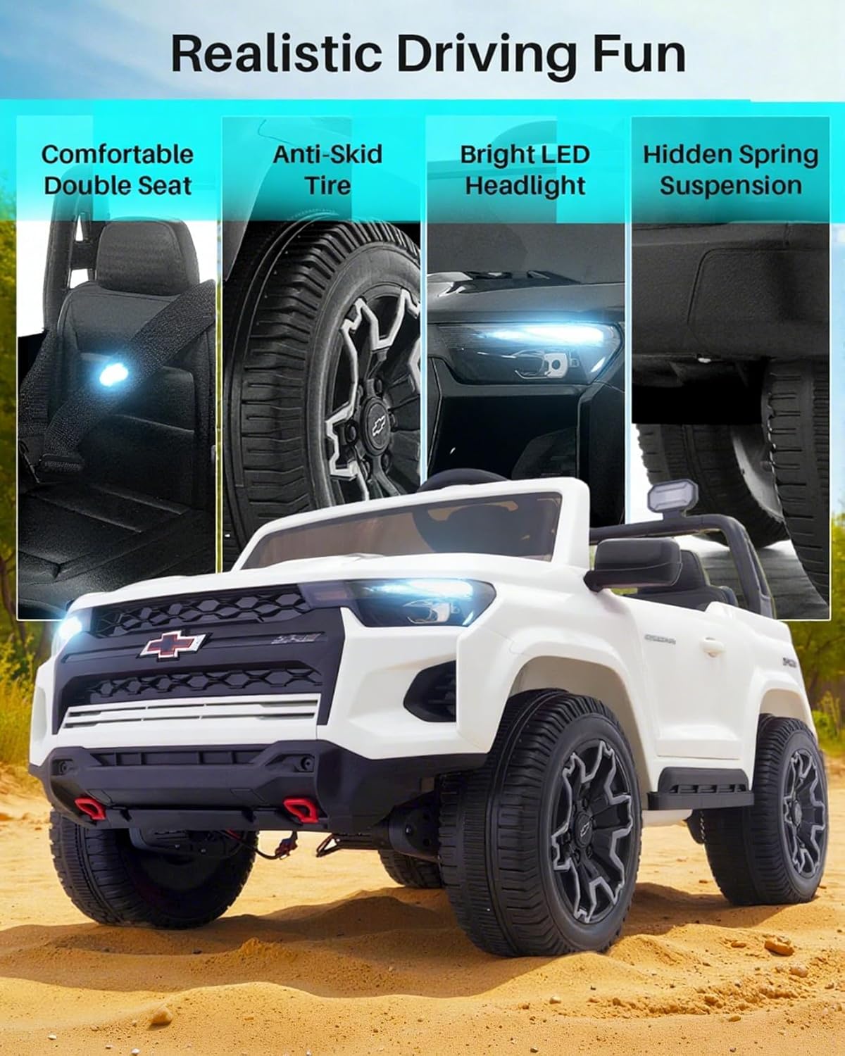 Joywhale 24V Ride on Truck 4WD Kids Electric Vehicle Licensed Chevorlet Ride on car with 7AH Big Battery, 320W Powerful Motors. 2 Seats, Music, 4 Wheel Suspension, 2 Speeds, LED Lights, White