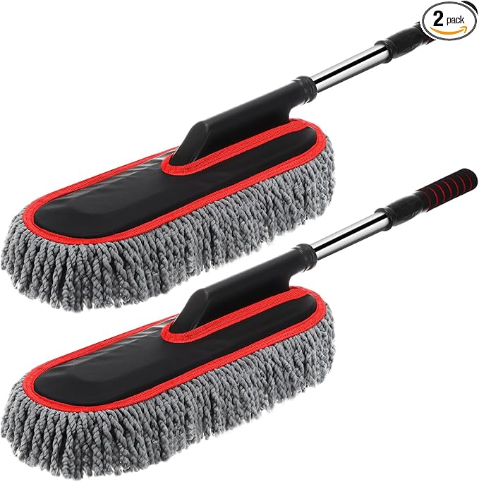 Tanlade 2 Pack Microfiber Car Duster Exterior Scratch Free with Extendable Handle Soft Car Duster Kit for Cleaning Dust Brush Set for Exterior Interior Cleaning Tools (Red Edge Gray)