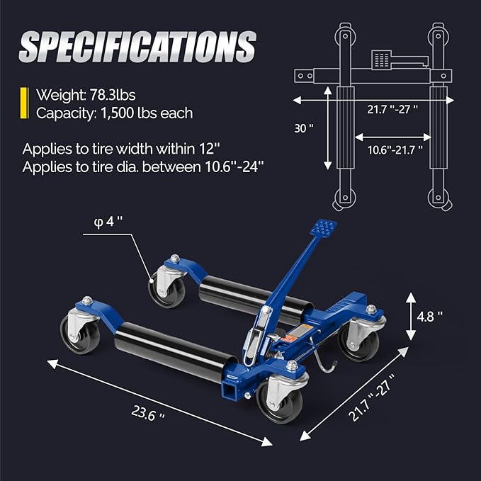 TUFFIOM Car Wheel Dolly Jack Set of 2, Mechanical 1500-lbs Car Skates, 12'' Wheel Vehicle Positioning Jack, Heavy Duty Rollers with Ratcheting Foot Pedal for Tire Auto Repair Moving, Blue