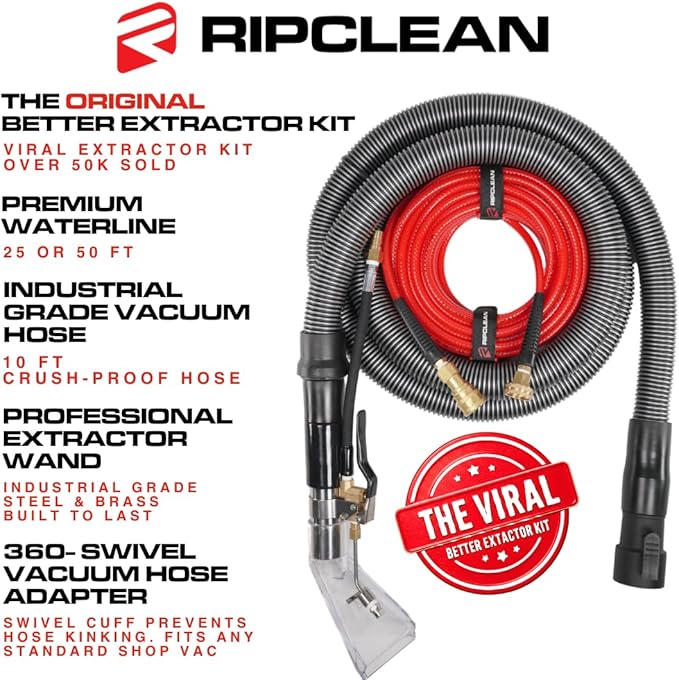 [RIPCLEAN] ORIGINAL Betterextractor Hose Kit Extractor Universal Attachment for Shop Vacuum | Use for Carpet, Rugs, Cars, Upholstery, Stairs, Mattresses | Stainless Steel Hand Tool (50FT Waterline)
