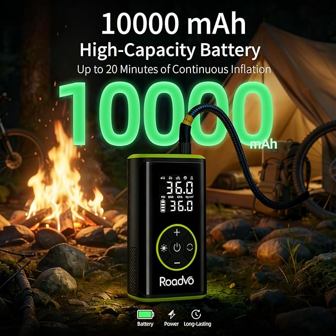 Roadvo Tire Inflator Portable Air Compressor – 150 PSI Cordless Bicycle Pump with Pressure Gauge, Digital Air Pump with 10000mAh Battery for Car, Road Bike, Electric Bike, MTB, Motorcycle, Balls