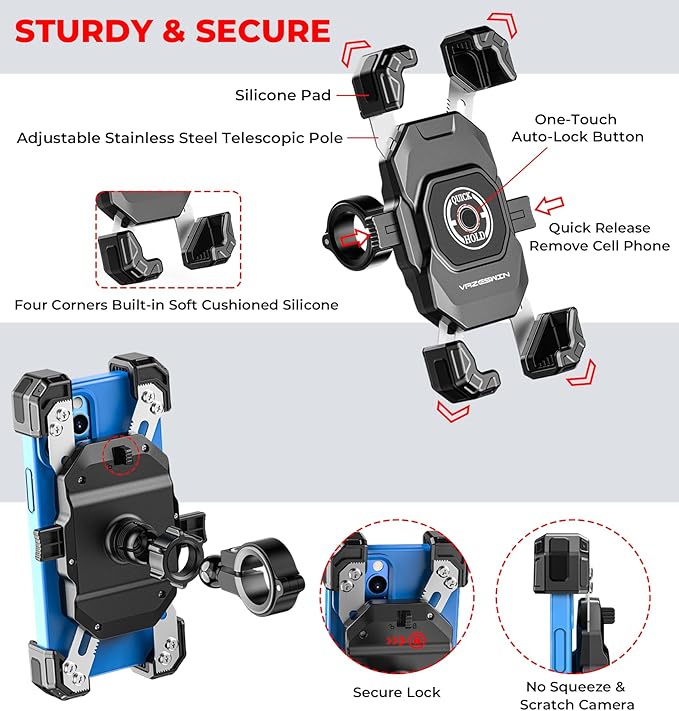 Motorcycle Phone Mount, 1s Lock Bike Phone Holder, One-Handed Operation Motorcycle Cellphone Mount with Aluminum Alloy Handlebar Mounting Base for Bicycle Scooter, Fit 5.4"-7" Smartphone