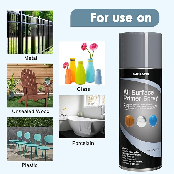 NADAMOO All Surface Primer Spray, One-Part Epoxy Primer Matte Gray, 2 Cans, Enhance Adhesion for Multi Surface - Porcelain, Glass, Metal, Plastic, Wood
